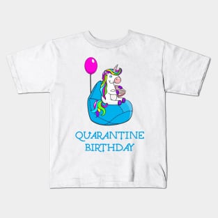 Happy quarantine birthday unicorn with cake and balloon Kids T-Shirt